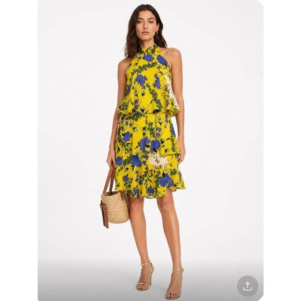 TRACY REESE Wild Orchid Yellow Floral Tiered Dress Size S